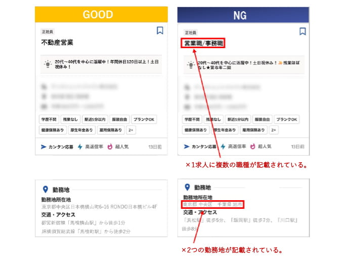 職種と勤務地の良い例と悪い例の比較