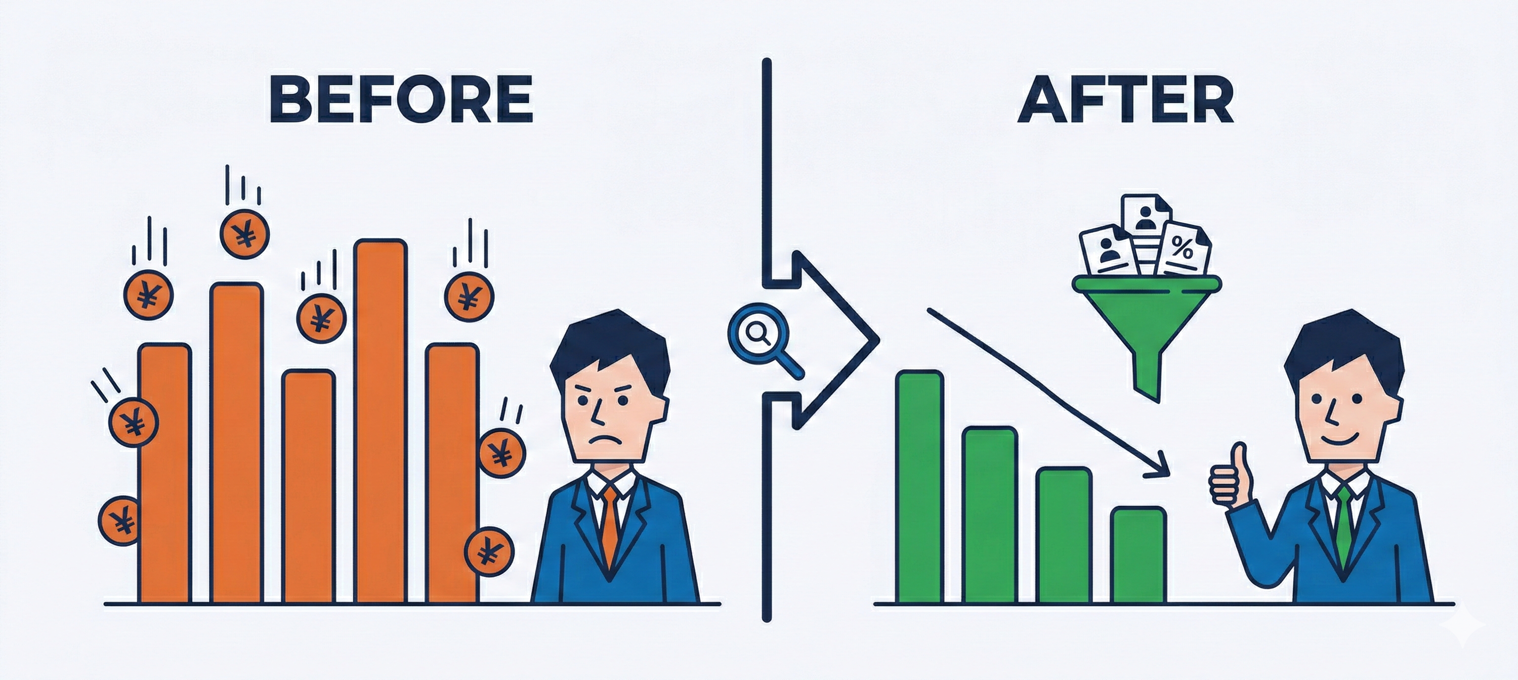 求人検索エンジンによるコスト最適化のビフォーアフター比較図