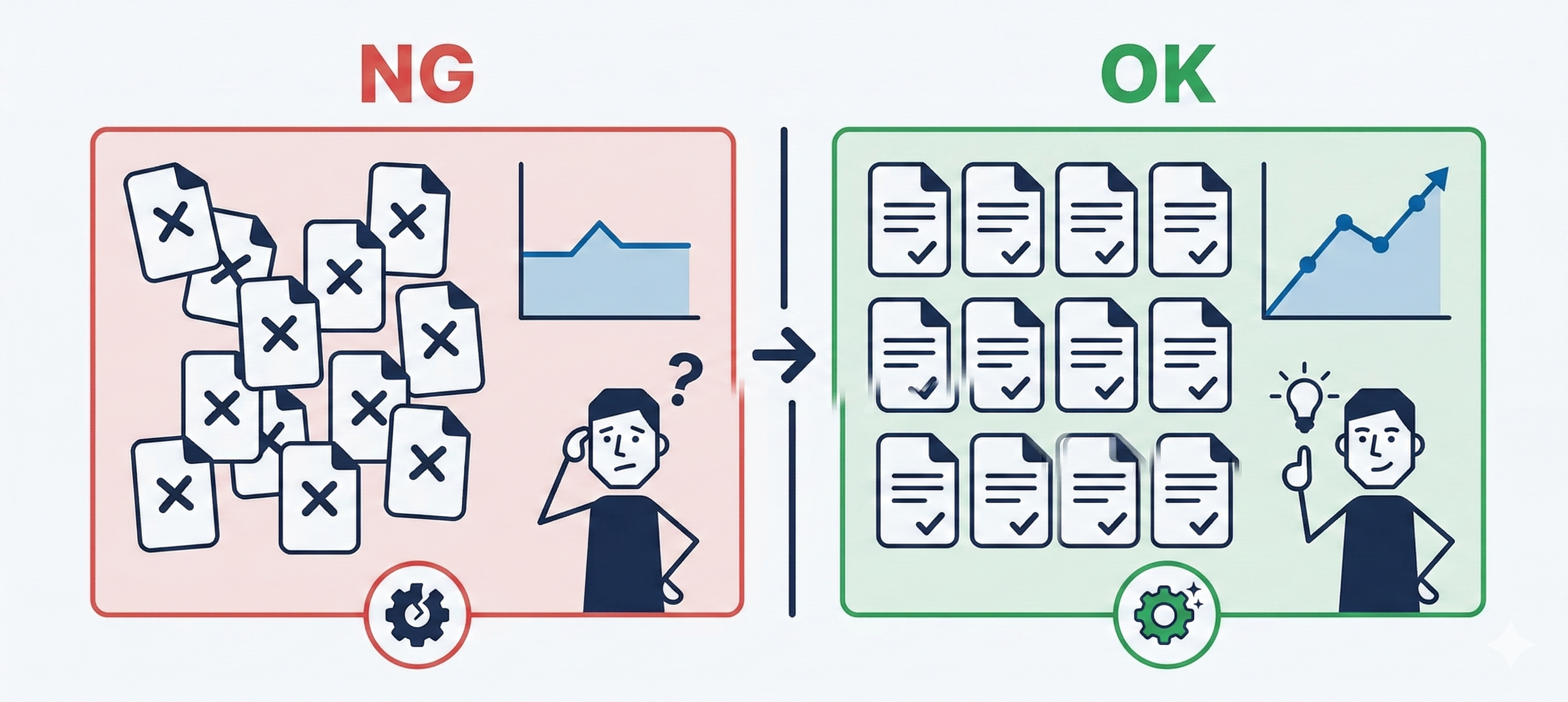 求人運用の失敗パターンと改善策を示す対比図。NG例とOK例のビフォーアフター