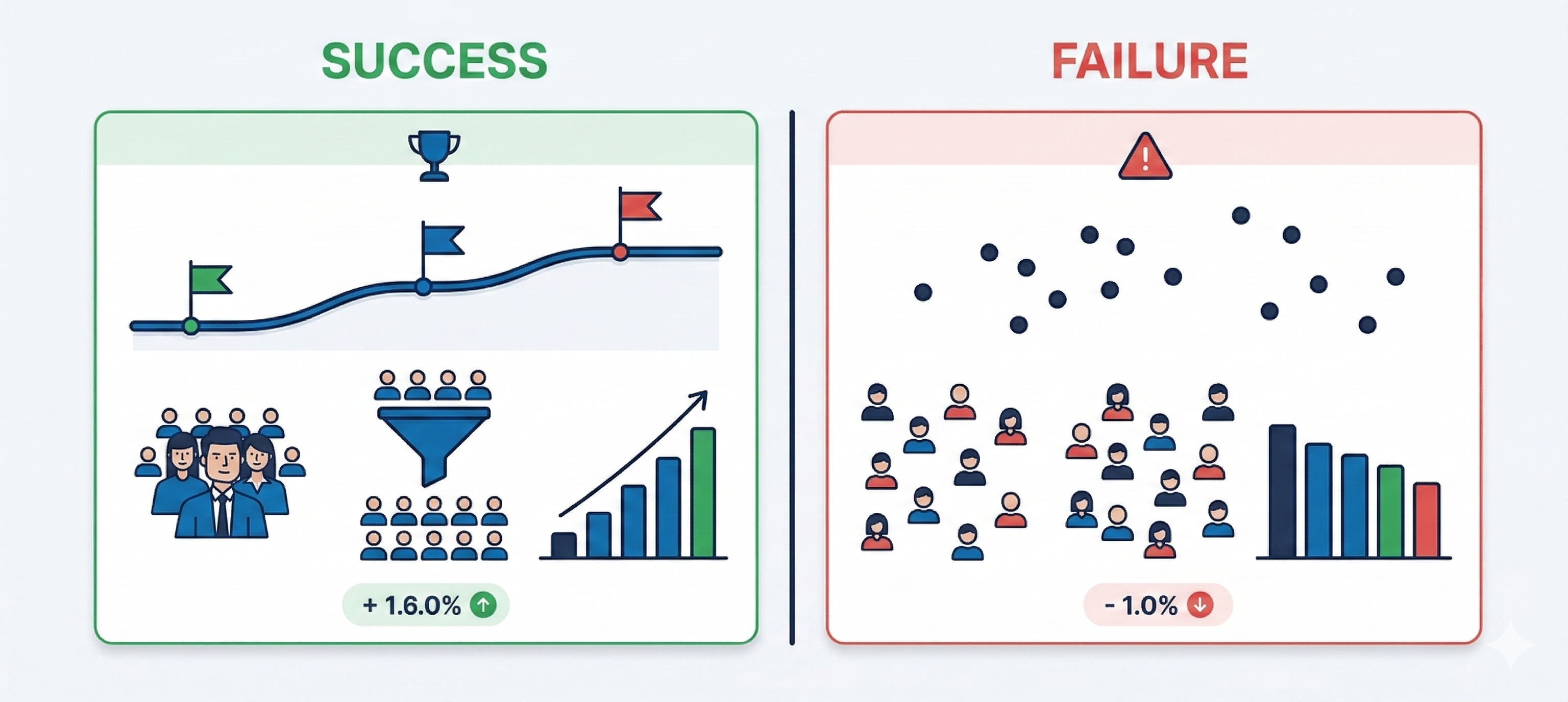 大量採用の成功パターンと失敗パターンを示す対比図。計画的な運用と無計画な運用の違い