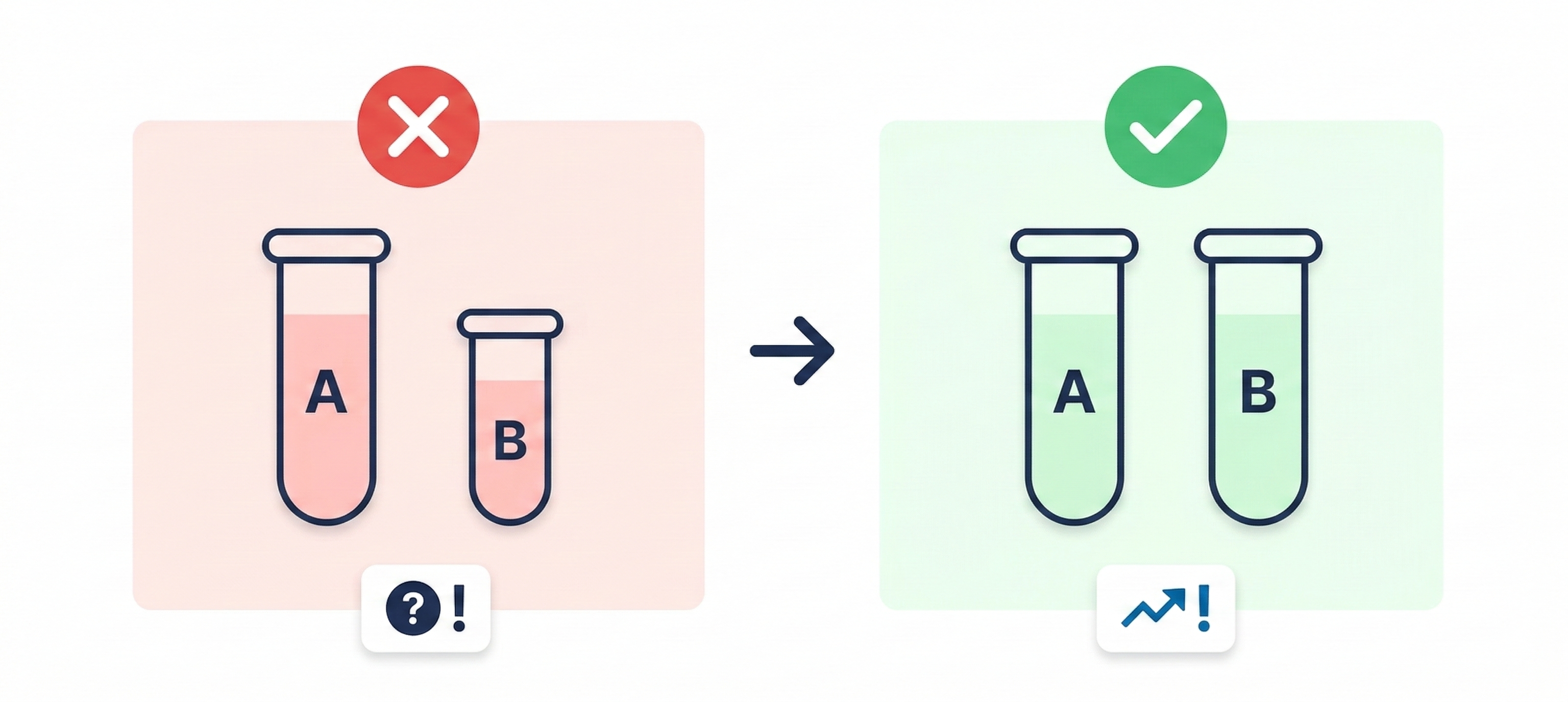 A/Bテストの失敗パターンと正しいアプローチの対比図